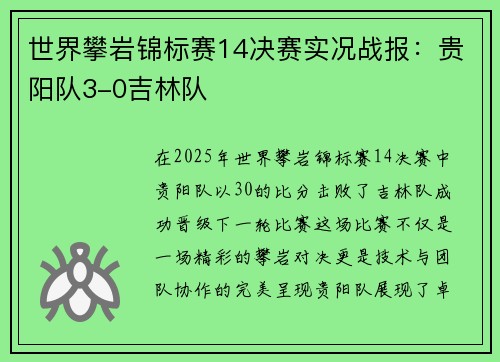 世界攀岩锦标赛14决赛实况战报：贵阳队3-0吉林队