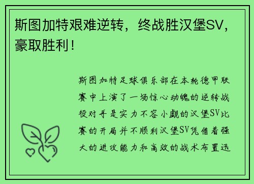 斯图加特艰难逆转，终战胜汉堡SV，豪取胜利！