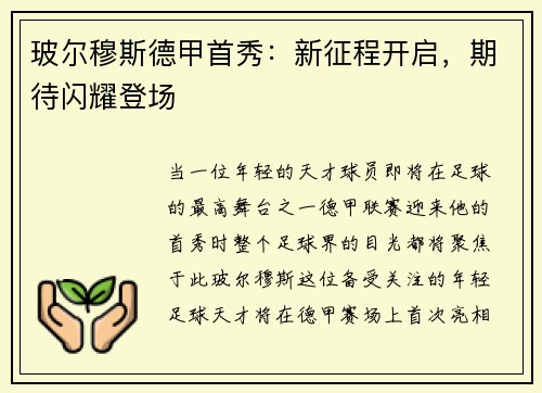 玻尔穆斯德甲首秀：新征程开启，期待闪耀登场